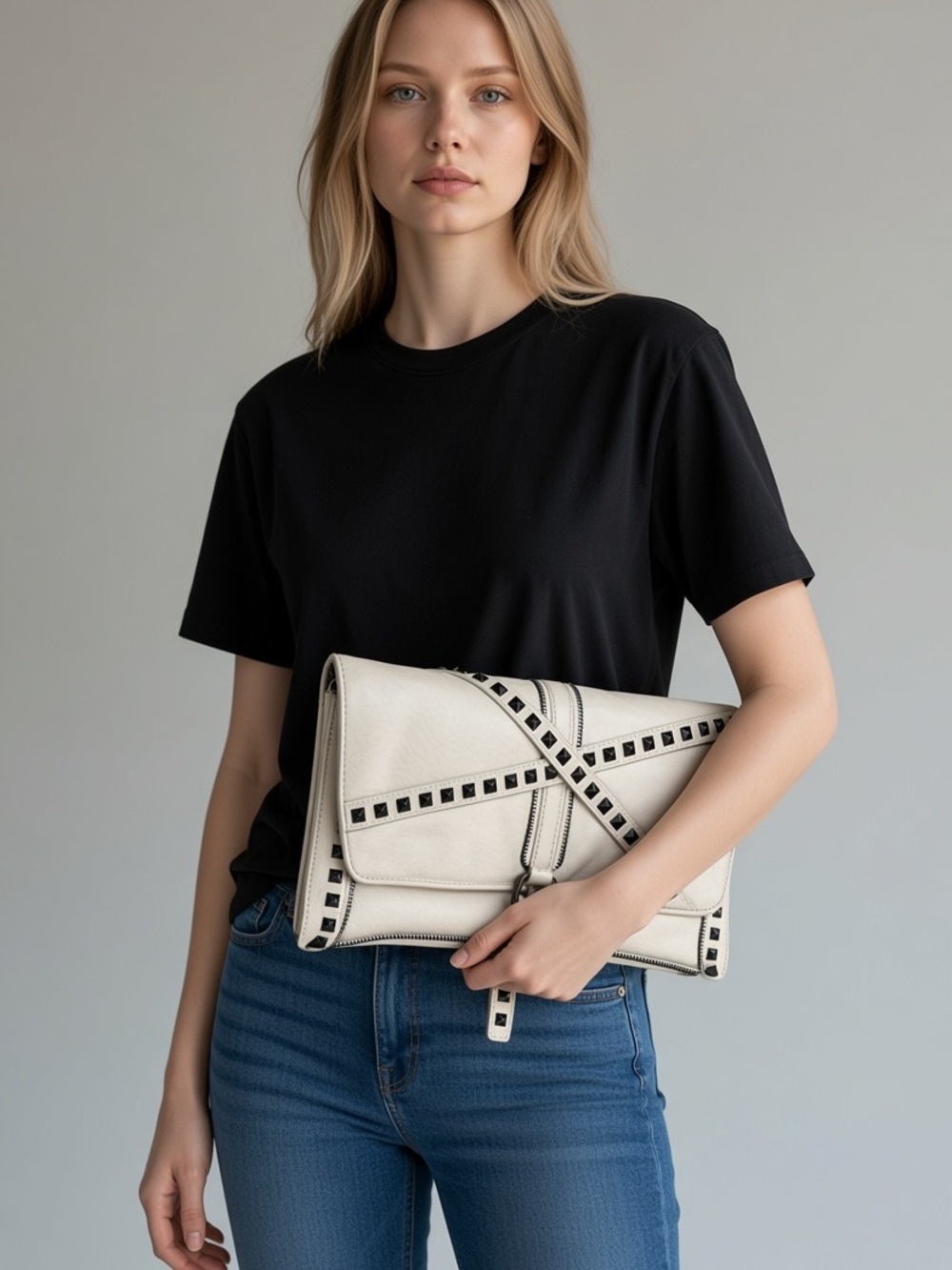 Vince Camuto Cream Fold-Over Clutch with Black Stud Trim